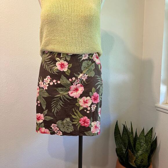 Jones Vintage 90s Brown Tropical Floral Print Cotton Summer Mini Skirt Size 14 - Picture 9 of 10
